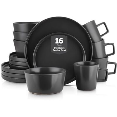 Stone Lain Coupe Dinnerware Set,16 Piece, Service for 4, Black Matte Stone Lain Coupe Dinnerware Set,16 Piece, Service for 4, Black Matte