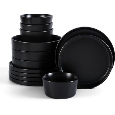 Stone Lain Celina Stoneware 12-Piece Dinnerware Set, Cereal and Pasta Bowls, Black, Coupe Stone Lain Celina Stoneware 12-Piece Dinnerware Set, Cereal and Pasta Bowls, Black, Coupe