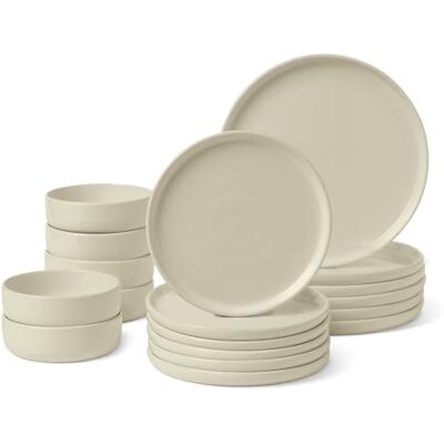 Amazon Basics Glazed Stoneware Dinnerware Set, 18-Piece, Service for 6, Dinner and Salad Plates, Microwave and Dishwasher-Safe, Ivory Amazon Basics Glazed Stoneware Dinnerware Set, 18-Piece, Service for 6, Dinner and Salad Plates, Microwave and Dishwasher-Safe, Ivory
