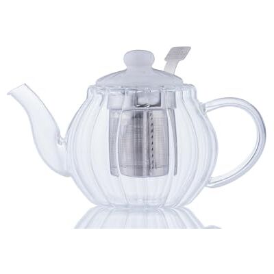 Kensington Luxe Glass Teapot with Stainless Steel Infuser 500ml Fluted Embossed Glass Teapot with White Ceramic Lid Non-Drip Spout, Ergonomic Handle & Gift Box Kensington Luxe Glass Teapot with Stainless Steel Infuser 500ml Fluted Embossed Glass Teapot with White Ceramic Lid Non-Drip Spout, Ergonomic Handle & Gift Box