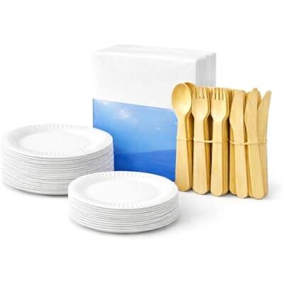 1ABOVE Disposable Partyware Set, 265 Pieces – 7 Inch Paper Plates (35 Pack), 9 Inch Paper Plates (30 Pack), 100 Napkins, 100 Wooden Cutlery (40 Forks, 40 Spoons, 20 Knives) for Parties, Picnics & Events 1ABOVE Disposable Partyware Set, 265 Pieces – 7 Inch Paper Plates (35 Pack), 9 Inch Paper Plates (30 Pack), 100 Napkins, 100 Wooden Cutlery (40 Forks, 40 Spoons, 20 Knives) for Parties, Picnics & Events
