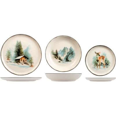 H&H Nordic Crystal Peak 18-Piece Stoneware Dinner Set, 6 Dinner Plates 26 cm, 6 Deep Plates 20.5 cm, 6 Dessert Plates 20 cm, Mountain Motif with Deer, Winter Dinner Service H&H Nordic Crystal Peak 18-Piece Stoneware Dinner Set, 6 Dinner Plates 26 cm, 6 Deep Plates 20.5 cm, 6 Dessert Plates 20 cm, Mountain Motif with Deer, Winter Dinner Service