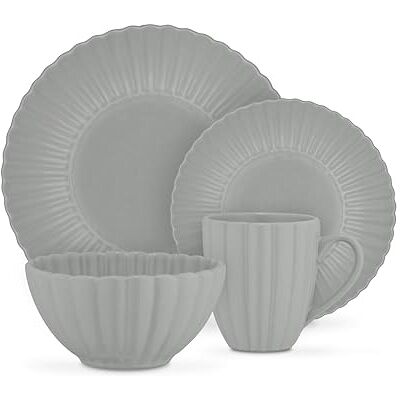 Swan 16 Piece Scallop Edge Stoneware Dinner Set, 4 x Dinner Plates, Side Plates, Bowls, Mugs, Durable, Microwave and Dishwasher Safe, Grey, SWKA1460GRY Swan 16 Piece Scallop Edge Stoneware Dinner Set, 4 x Dinner Plates, Side Plates, Bowls, Mugs, Durable, Microwave and Dishwasher Safe, Grey, SWKA1460GRY