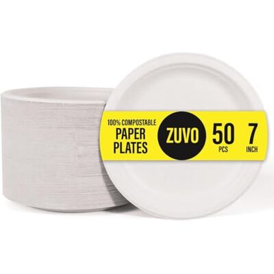 Zuvo Compostable Paper Plates 7 Inch, 50 Pack, Disposable Party Plates Zuvo Compostable Paper Plates 7 Inch, 50 Pack, Disposable Party Plates