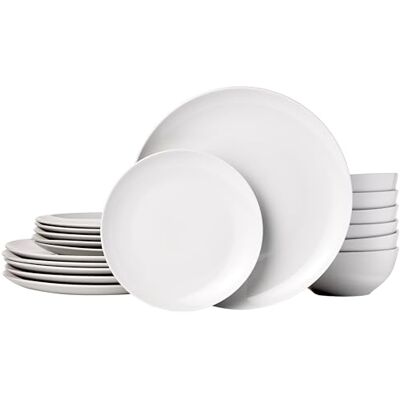 Amazon Basics 18-Piece Dinnerware Set White Porcelain Coupe, Service for 6 Amazon Basics 18-Piece Dinnerware Set White Porcelain Coupe, Service for 6