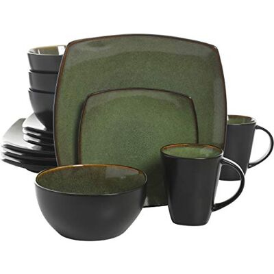 Gibson Soho Lounge Square Reactive Glaze Stoneware Dinnerware Set, Service for 4 (16pc), Green Gibson Soho Lounge Square Reactive Glaze Stoneware Dinnerware Set, Service for 4 (16pc), Green