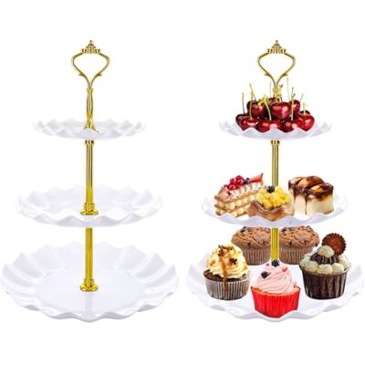 ASelected 2 Pcs Large 3 Tier Cupcake Stand, White Round Cake Display Stand 34cm Height Plastic Cake Stand Afternoon Tea Stands Reusable Food Serving Platter Stand for Birthday, Wedding, Party ASelected 2 Pcs Large 3 Tier Cupcake Stand, White Round Cake Display Stand 34cm Height Plastic Cake Stand Afternoon Tea Stands Reusable Food Serving Platter Stand for Birthday, Wedding, Party