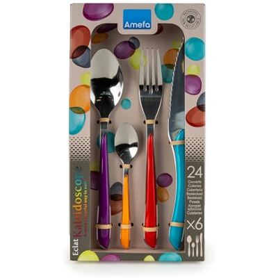 Amefa ECLAT Kaleidoscope 24 Piece Coloured Cutlery Set for 6 – Stainless Steel Knives Forks Spoons – Multi-Colour Handles – Dishwasher Safe Amefa ECLAT Kaleidoscope 24 Piece Coloured Cutlery Set for 6 – Stainless Steel Knives Forks Spoons – Multi-Colour Handles – Dishwasher Safe