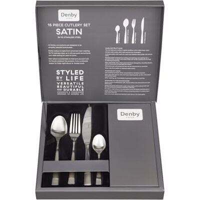 Denby Satin 16 Piece Stainless Steel Cutlery Set for 4 People Dishwasher Safe Tableware Kitchen Service – Flatware Set with Fork, Table Knife, Dessert Spoon & Teaspoon, Silver Denby Satin 16 Piece Stainless Steel Cutlery Set for 4 People Dishwasher Safe Tableware Kitchen Service – Flatware Set with Fork, Table Knife, Dessert Spoon & Teaspoon, Silver