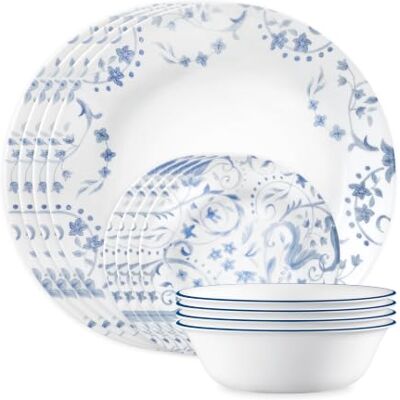 Corelle 12 Piece Dinner Set, Darlington, Service for 4, Chip Resistant Dinnerware, Includes 26cm Dinner Plates, 17cm Salad/Side Plates and 532ml Soup/Cereal Bowls Corelle 12 Piece Dinner Set, Darlington, Service for 4, Chip Resistant Dinnerware, Includes 26cm Dinner Plates, 17cm Salad/Side Plates and 532ml Soup/Cereal Bowls