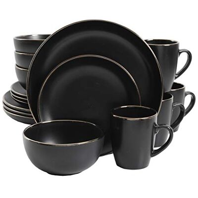 Gibson Rockaway Round Stoneware Dinnerware Set, Service for 4 (16pcs), Black/Gold Rim Gibson Rockaway Round Stoneware Dinnerware Set, Service for 4 (16pcs), Black/Gold Rim