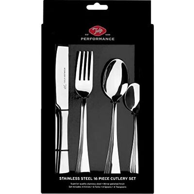 Tala Performance Stainless SteelCutlery Set- 16 Piece Flatware & Tableware Set Mirror Polished Silverware Designed for Any Dining Occasion Knife, Fork, Dessert Spoon & Tea Spoon Set Tala Performance Stainless SteelCutlery Set- 16 Piece Flatware & Tableware Set Mirror Polished Silverware Designed for Any Dining Occasion Knife, Fork, Dessert Spoon & Tea Spoon Set