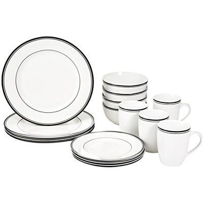 Amazon Basics Dinnerware Set for 4, 16-Piece AB-Grade Porcelain Plates Bowls, Microwave Dishwasher Safe, White with Black Trim Amazon Basics Dinnerware Set for 4, 16-Piece AB-Grade Porcelain Plates Bowls, Microwave Dishwasher Safe, White with Black Trim