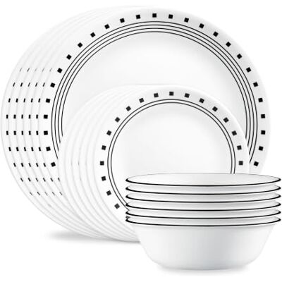 Corelle 18-piece Dinner Set, City Block, Black and White Service for 6, Chip Resistant Dinnerware, Includes 26cm Dinner Plates, 17cm Salad/Side Plates and 530ml Soup/Cereal Bowls Corelle 18-piece Dinner Set, City Block, Black and White Service for 6, Chip Resistant Dinnerware, Includes 26cm Dinner Plates, 17cm Salad/Side Plates and 530ml Soup/Cereal Bowls