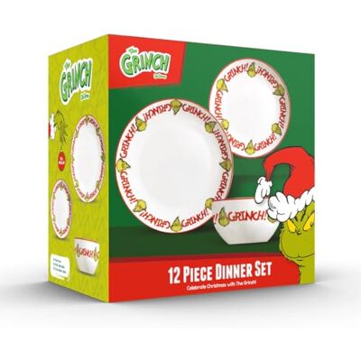 The Grinch ™ 12-Piece Porcelain Dinnerware Set, 27cm Dinner Plates, 20cm Side Plates, 14cm Bowls, Christmas Collection, Microwave and Dishwasher Safe, Green The Grinch ™ 12-Piece Porcelain Dinnerware Set, 27cm Dinner Plates, 20cm Side Plates, 14cm Bowls, Christmas Collection, Microwave and Dishwasher Safe, Green