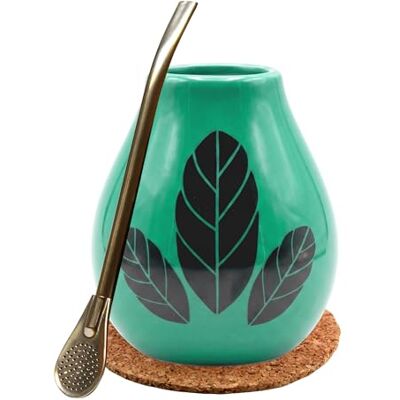 Mate Green Yerba Mate Tea Set Ceramic Mate Mug Hoja Turquesa 350 ml Stainless Steel Drinking Straw Bombilla 19 cm and Cork Pad Accessories for Yerba Mate Mate Green Yerba Mate Tea Set Ceramic Mate Mug Hoja Turquesa 350 ml Stainless Steel Drinking Straw Bombilla 19 cm and Cork Pad Accessories for Yerba Mate
