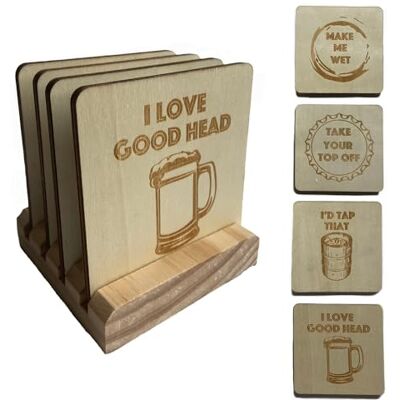 Coastville Beer Themed Wooden Coasters with Holder Set of 4 Different Funny Coasters with Laser Engraved Designs Unique Rustic Modern Bar Decor & Accessories for Man Cave for Dining Room or Home Bar Coastville Beer Themed Wooden Coasters with Holder Set of 4 Different Funny Coasters with Laser Engraved Designs Unique Rustic Modern Bar Decor & Accessories for Man Cave for Dining Room or Home Bar