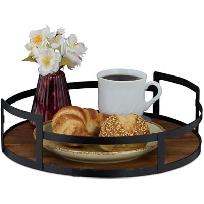 Relaxdays Round Serving Tray, Wood & Iron, 8.5x30.5 cm, for Drinks & Snacks, Handles, High Edge, Decorative, Brown/Black Relaxdays Round Serving Tray, Wood & Iron, 8.5x30.5 cm, for Drinks & Snacks, Handles, High Edge, Decorative, Brown/Black