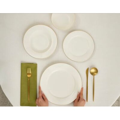 KARACA Stream Bone China Massimo 24-Piece Dinner Set for 6 People, Elegant White Tableware with Refined Gold Trim, Includes Round Dinner Plates, Side Plates, Pasta and Soup Bowls KARACA Stream Bone China Massimo 24-Piece Dinner Set for 6 People, Elegant White Tableware with Refined Gold Trim, Includes Round Dinner Plates, Side Plates, Pasta and Soup Bowls