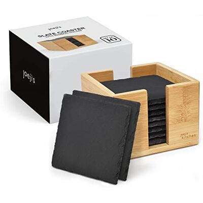 joeji's Kitchen Set of 10 Drink Coasters Mats 100% Natural Grey Slate Heat Resistant Slate Coaster Stylish Slate Coasters with Holder Multipurpose Black Coasters for Beer Wine Vase and more joeji's Kitchen Set of 10 Drink Coasters Mats 100% Natural Grey Slate Heat Resistant Slate Coaster Stylish Slate Coasters with Holder Multipurpose Black Coasters for Beer Wine Vase and more