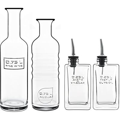 Luigi Bormioli Optima Eco-conscious Serving Set Water, Wine, Oil and Vinegar, Recyclable Glass Bottles, Set of 4, 2 x 750ml, 2 x 250ml Luigi Bormioli Optima Eco-conscious Serving Set Water, Wine, Oil and Vinegar, Recyclable Glass Bottles, Set of 4, 2 x 750ml, 2 x 250ml