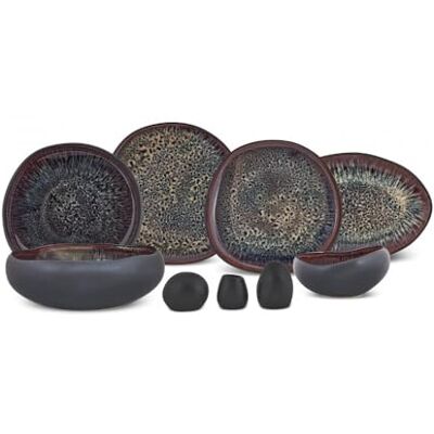 KARACA 55-Piece Stoneware Crockery Set for 12 People, Multicoloured Plate Set, Dishwasher Tableware Set, Earth Collection with Galactic Reactive Glaze, Black KARACA 55-Piece Stoneware Crockery Set for 12 People, Multicoloured Plate Set, Dishwasher Tableware Set, Earth Collection with Galactic Reactive Glaze, Black