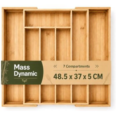 MASS DYNAMIC Cutlery Drawer Organiser, Expandable Bamboo Cutlery Tray for Kitchen Utensil, Adjustable Silverware and Flatware Holder, 7 Slots Storage for Spoons Forks Knives MASS DYNAMIC Cutlery Drawer Organiser, Expandable Bamboo Cutlery Tray for Kitchen Utensil, Adjustable Silverware and Flatware Holder, 7 Slots Storage for Spoons Forks Knives
