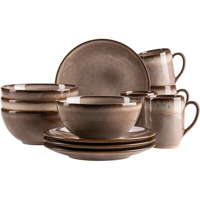 MÄSER Smokys Series Crockery Set for 4 People, 12-Piece Breakfast Set in Scandi Look, Stoneware, Brown MÄSER Smokys Series Crockery Set for 4 People, 12-Piece Breakfast Set in Scandi Look, Stoneware, Brown