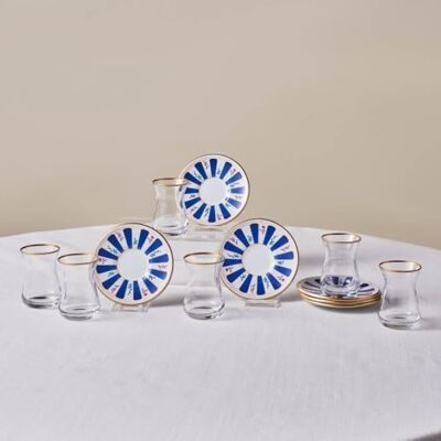 KARACA Bursa Turkish Tea Set for 6 People 12 Piece Glass Tea Cups and Saucers with Gold Rim and Blue Patterned Base, 132ml Traditional Tea Glasses KARACA Bursa Turkish Tea Set for 6 People 12 Piece Glass Tea Cups and Saucers with Gold Rim and Blue Patterned Base, 132ml Traditional Tea Glasses