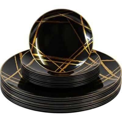 Playlearn Luxia 20Pcs Elegant Black & Gold Abstract 10 Dinner Plastic Plates and 10 Dessert Plates Set Durable, Reusable Plastic Plate Modern Abstract Design Tableware for Party & Event Playlearn Luxia 20Pcs Elegant Black & Gold Abstract 10 Dinner Plastic Plates and 10 Dessert Plates Set Durable, Reusable Plastic Plate Modern Abstract Design Tableware for Party & Event