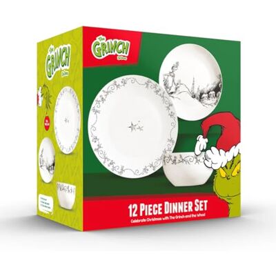The Grinch ™ 12-Piece Porcelain Dinner Set, 4 Place Settings, 27cm Dinner Plates, 20cm Side Plates, 14cm Bowls, Christmas Collection, Microwave and Dishwasher Safe The Grinch ™ 12-Piece Porcelain Dinner Set, 4 Place Settings, 27cm Dinner Plates, 20cm Side Plates, 14cm Bowls, Christmas Collection, Microwave and Dishwasher Safe