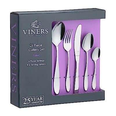Viners Tabac Cutlery Set 18/0 Stainless Steel Set of 26 Pieces Silver Mirror Finish Serves 6 Dishwasher Safe Gift Box Viners Tabac Cutlery Set 18/0 Stainless Steel Set of 26 Pieces Silver Mirror Finish Serves 6 Dishwasher Safe Gift Box