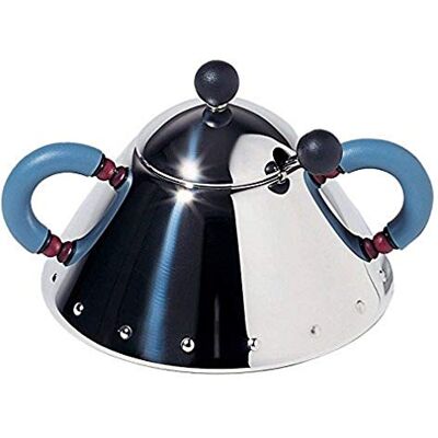 Alessi 9097 Sugar Bowl and Spoon in Stainless Steel, Blue,10.5cm diameter, 8cm high, 20cl centilitre capacity. Alessi 9097 Sugar Bowl and Spoon in Stainless Steel, Blue,10.5cm diameter, 8cm high, 20cl centilitre capacity.