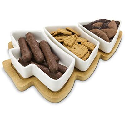 ROMINOX Gift Item Serving Bowls // TRE ARBO Decorative Set in Christmas Tree Shape 3 Ceramic Bowls on Bamboo Board for Displaying Snacks, Cookies or Dips; Approx. 30.5 x 21.5 x 4.5 cm ROMINOX Gift Item Serving Bowls // TRE ARBO Decorative Set in Christmas Tree Shape 3 Ceramic Bowls on Bamboo Board for Displaying Snacks, Cookies or Dips; Approx. 30.5 x 21.5 x 4.5 cm