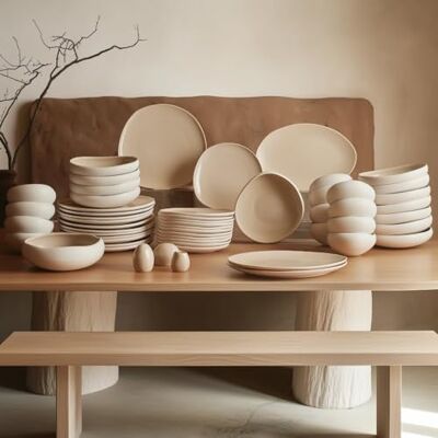 KARACA New Cupid 55-Piece Stoneware Dinner Set for 12 People, Cream Plates and Bowls Set, Dishwasher & Freezer Safe, Complete Dinnerware Sets, Earth Collection KARACA New Cupid 55-Piece Stoneware Dinner Set for 12 People, Cream Plates and Bowls Set, Dishwasher & Freezer Safe, Complete Dinnerware Sets, Earth Collection