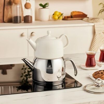 KARACA Pocelinox Porcelain & Stainless Steel Teapot Set, 2-Piece Turkish Tea Maker (3L Capacity) – 18/10 Grade 304 Steel & Fine Porcelain – Induction Compatible & Dishwasher Safe – Glass Lid KARACA Pocelinox Porcelain & Stainless Steel Teapot Set, 2-Piece Turkish Tea Maker (3L Capacity) – 18/10 Grade 304 Steel & Fine Porcelain – Induction Compatible & Dishwasher Safe – Glass Lid