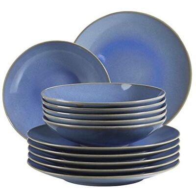 MÄSER 931554 Ossia Plate Set for 6 People in Vintage Mediterranean Look, 12 Piece Modern Dinner Set with Soup Plates and Dinner Plates in Light Blue, Ceramic MÄSER 931554 Ossia Plate Set for 6 People in Vintage Mediterranean Look, 12 Piece Modern Dinner Set with Soup Plates and Dinner Plates in Light Blue, Ceramic