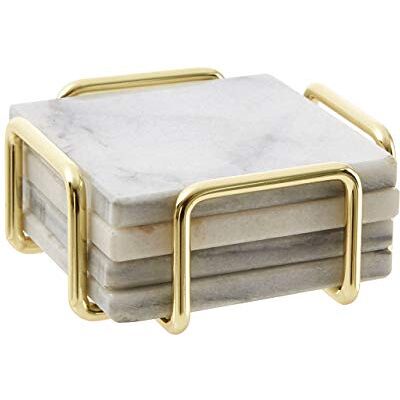 Premier White Marble Coasters, Brass Finish Holder, Set of 4 Premier White Marble Coasters, Brass Finish Holder, Set of 4