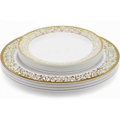Playlearn Luxia 20Pcs Plastic Plate Set with Decorative Gold Border – Reusable 10 Dinner and 10 Dessert Plates Set Hard (Textured White & Gold) Playlearn Luxia 20Pcs Plastic Plate Set with Decorative Gold Border – Reusable 10 Dinner and 10 Dessert Plates Set Hard (Textured White & Gold)
