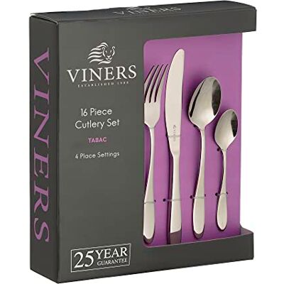 Viners Tabac Cutlery Set 18/0 Stainless Steel Set of 16 Pieces Silver Mirror Finish Serves 4 Dishwasher Safe Gift Box Viners Tabac Cutlery Set 18/0 Stainless Steel Set of 16 Pieces Silver Mirror Finish Serves 4 Dishwasher Safe Gift Box