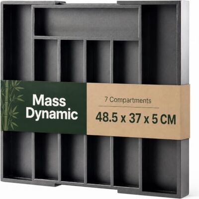 MASS DYNAMIC Cutlery Drawer Organiser, Expandable Bamboo Cutlery Tray for Kitchen Utensil, Adjustable Silverware and Flatware Holder, 7 Slots Storage for Spoons Forks Knives (Black) MASS DYNAMIC Cutlery Drawer Organiser, Expandable Bamboo Cutlery Tray for Kitchen Utensil, Adjustable Silverware and Flatware Holder, 7 Slots Storage for Spoons Forks Knives (Black)