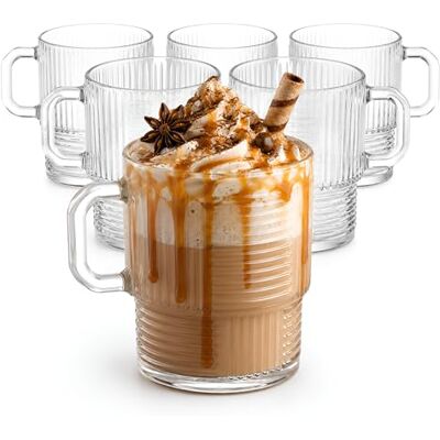 KIAPPO Glasses with Handles Set of 6 x 270 ml Ribbed Drinking Glasses for Coffee, Tea & Cold Drinks Stackable, Dishwasher Safe & Elegant Durable Glass with Classic Design KIAPPO Glasses with Handles Set of 6 x 270 ml Ribbed Drinking Glasses for Coffee, Tea & Cold Drinks Stackable, Dishwasher Safe & Elegant Durable Glass with Classic Design
