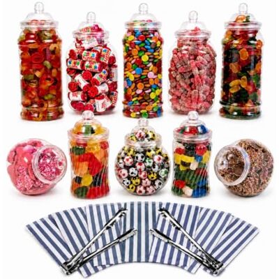 10 Assorted Plastic Sweet Jars, 2 tongs, 50 Bags for Parties, Weddings, Candy Buffet (Blue) 10 Assorted Plastic Sweet Jars, 2 tongs, 50 Bags for Parties, Weddings, Candy Buffet (Blue)