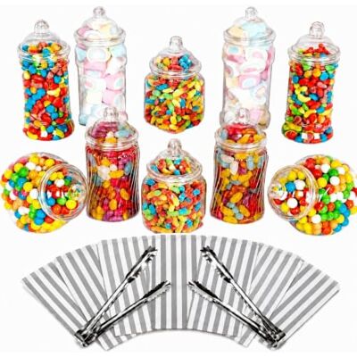 Candy 10 Plastic Sweet Jars, 5 styles, 2 tongs, 50 bags Buffet (Silver) Candy 10 Plastic Sweet Jars, 5 styles, 2 tongs, 50 bags Buffet (Silver)