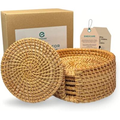ENEOCARE Handmade Natural Rattan Coasters for Drinks, Wicker Boho Coasters, Woven Coasters for Drinks Heat Resistant Reusable Saucers, Round Straw Trivet for Teacup, Set of 6 with Holder ENEOCARE Handmade Natural Rattan Coasters for Drinks, Wicker Boho Coasters, Woven Coasters for Drinks Heat Resistant Reusable Saucers, Round Straw Trivet for Teacup, Set of 6 with Holder