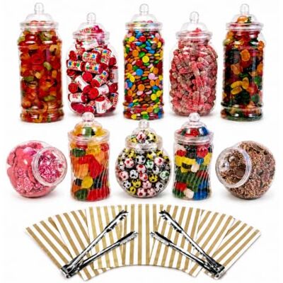 10 Assorted Plastic Sweet Jars, 2 tongs, 50 Bags for Parties, Weddings, Candy Buffet (Gold) 10 Assorted Plastic Sweet Jars, 2 tongs, 50 Bags for Parties, Weddings, Candy Buffet (Gold)