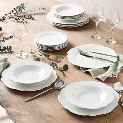 GENEVIEVE LETHU Geneviève Lethu 545865 Dinner Set for 6 People 18 Pieces White Porcelain Soup Plates Dessert Plates Scalloped Vienna Collection GENEVIEVE LETHU Geneviève Lethu 545865 Dinner Set for 6 People 18 Pieces White Porcelain Soup Plates Dessert Plates Scalloped Vienna Collection