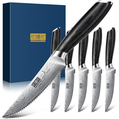 HOSHANHO Steak Knives Set of 6, 4.5 Inch Japanese Serrated Steak Knife Set Ultra Sharp High Carbon Powder Steel Steak Knife, Effortless Cutting Dinner Knives with Pakkawood Handle, Cooking Gifts HOSHANHO Steak Knives Set of 6, 4.5 Inch Japanese Serrated Steak Knife Set Ultra Sharp High Carbon Powder Steel Steak Knife, Effortless Cutting Dinner Knives with Pakkawood Handle, Cooking Gifts