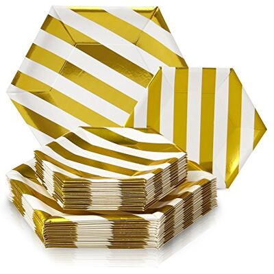 Silver Spoons PARTY DISPOSABLE 36 PC DINNERWARE SET 18 Dinner Plates 18 Side Plates Heavy Duty Disposable Paper Plates Hexagon Design for Upscale Wedding and Dining (Stripe Collection – White/Gold) Silver Spoons PARTY DISPOSABLE 36 PC DINNERWARE SET 18 Dinner Plates 18 Side Plates Heavy Duty Disposable Paper Plates Hexagon Design for Upscale Wedding and Dining (Stripe Collection – White/Gold)