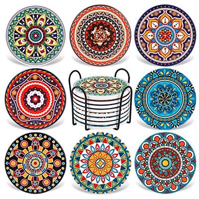 AODINI Coasters for Drinks, Set of 8 Absorbent Stone Coasters for Wooden Table, Mandala Ceramic Coasters with Cork Base, Gift for Housewarming Birthday and Family Great Home and Dining Room Decor AODINI Coasters for Drinks, Set of 8 Absorbent Stone Coasters for Wooden Table, Mandala Ceramic Coasters with Cork Base, Gift for Housewarming Birthday and Family Great Home and Dining Room Decor